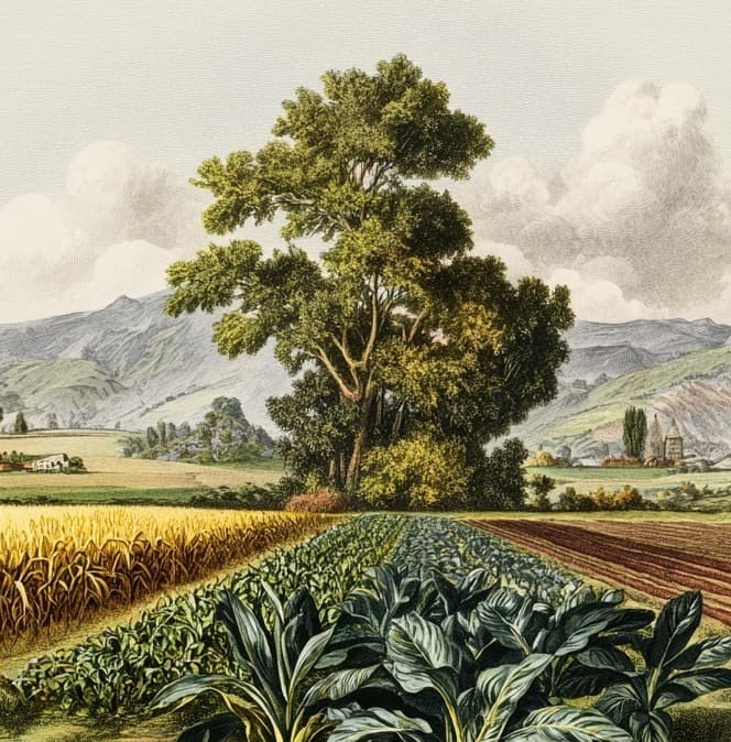 Diverse crop fields surrounding a mature tree